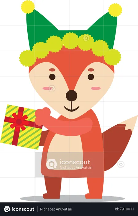 Fox with beanie on head receiving Christmas gift  Illustration