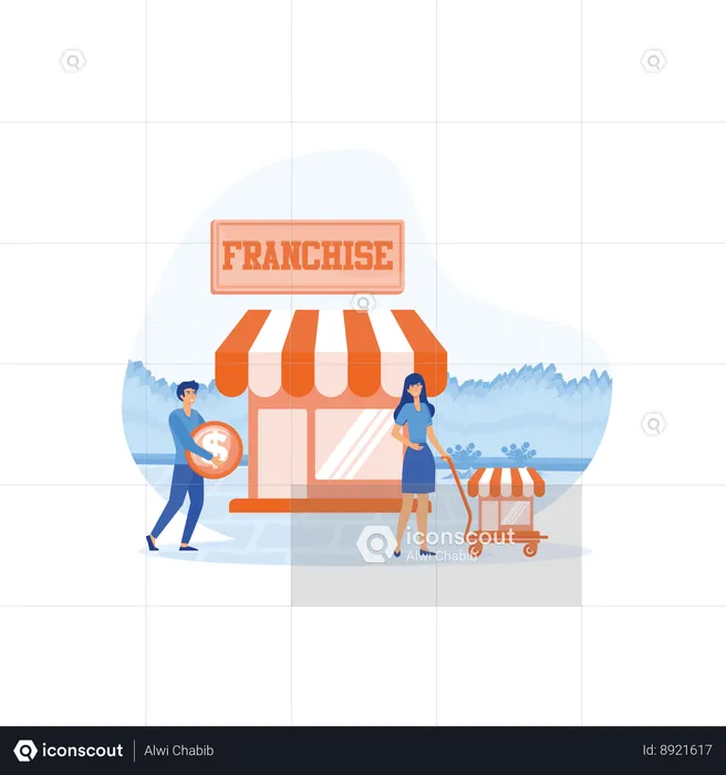 Franchise business composition with stores held by business people  Illustration