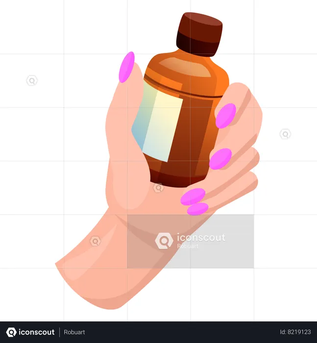Frasco de vidro com remédio marrom na mão de uma mulher  Ilustração