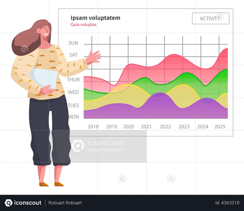 Frau analysiert digitale Statistiken und präsentiert Daten  Illustration