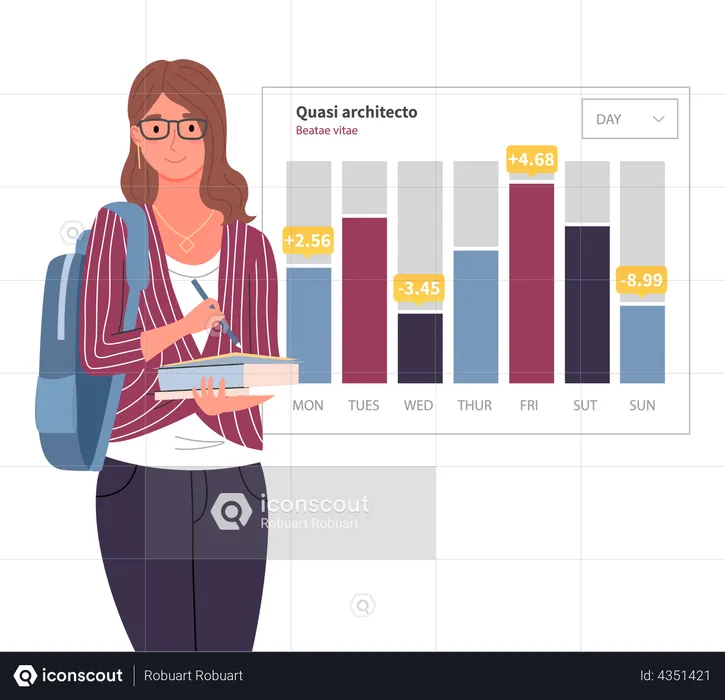 Frau analysiert digitalen Bericht mit Statistiken  Illustration