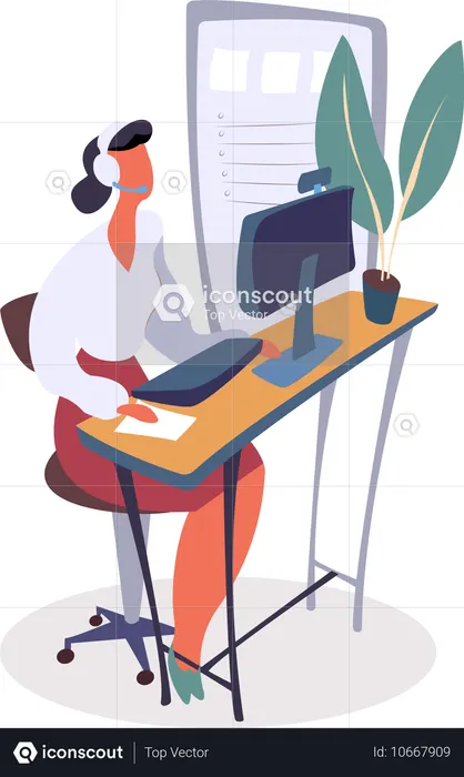 Frau arbeitet am Computer neben einer Tafel mit Aufgaben  Illustration