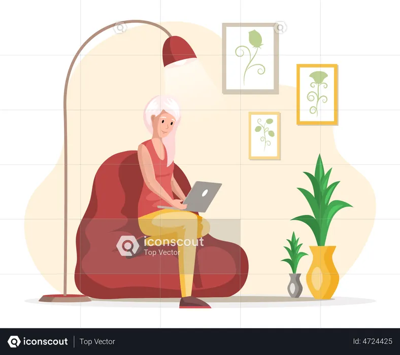 Frau sitzt auf Sitzsack und arbeitet am Laptop  Illustration