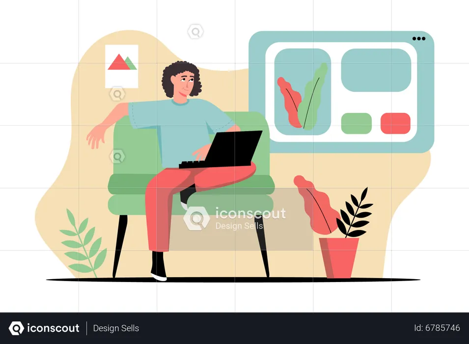 Frau sitzt auf der Couch und arbeitet am Laptop  Illustration