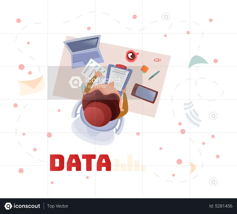 Frau arbeitet bei der Arbeit an der Datenanalyse  Illustration