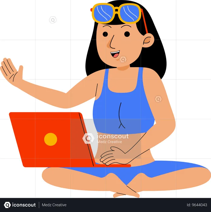 Frau arbeitet mit Laptop am Strand  Illustration