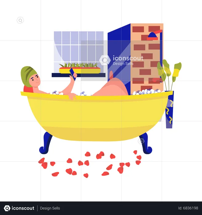 Frau benutzt Handy beim Baden  Illustration