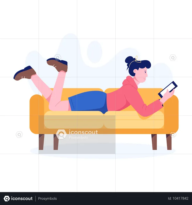 Frau benutzt Handy, während sie auf dem Sofa liegt  Illustration