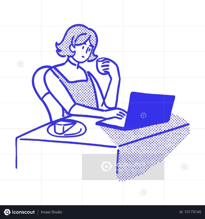 Frau mit Laptop im Café  Illustration