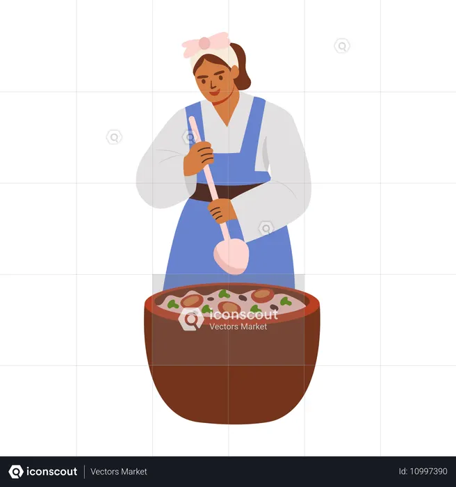 Frau kocht Essen in riesigem Topf  Illustration