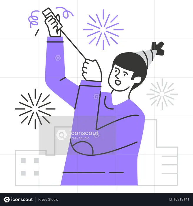 Frau bläst Feuerwerk am Neujahrstag  Illustration