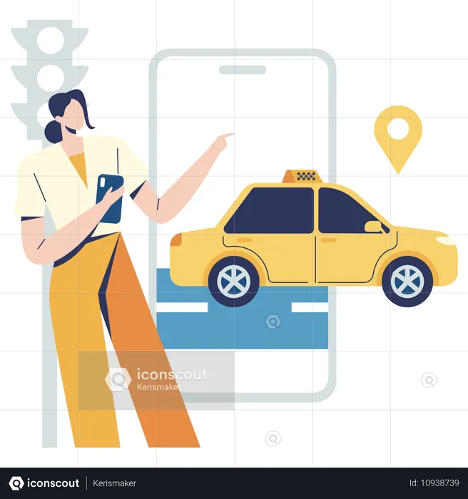 Frau bucht Taxi online  Illustration