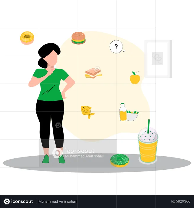 Frau denkt über gesunde Ernährung nach  Illustration