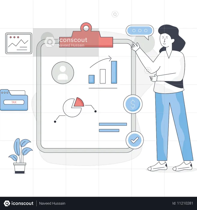 Frau erklärt Geschäftsdiagramm  Illustration