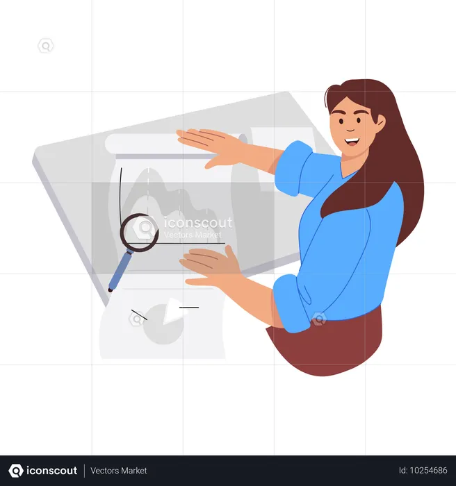 Frau erstellt Datendiagramm-Präsentation  Illustration