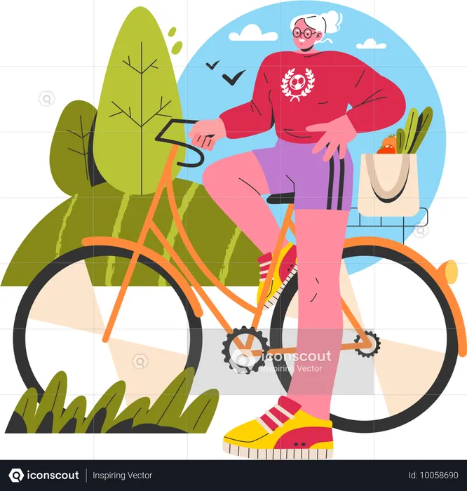 Frau fährt mit dem Fahrrad zum Gemüseeinkauf  Illustration