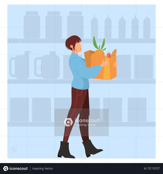 Frau läuft mit Einkaufstüte im Supermarkt  Illustration