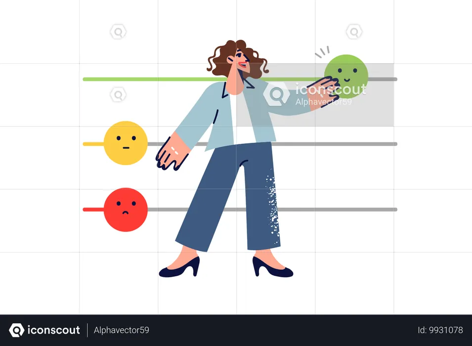 Frau gibt Feedback zum Produkt, indem sie ein Smiley bewegt und die Erfahrung positiv bewertet  Illustration