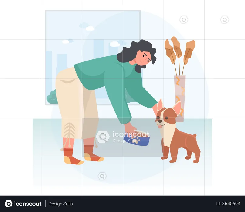 Frau gibt ihrem Hund Futter  Illustration