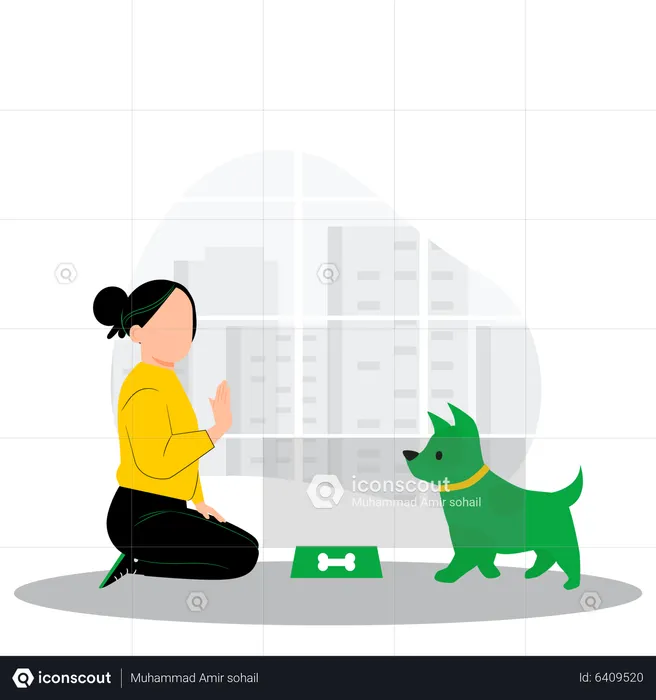 Frau gibt ihrem Hund Futter  Illustration