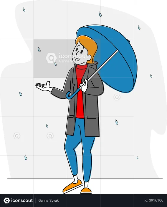 Frau hält Regenschirm und fängt Regentropfen auf, die vom Himmel fallen  Illustration