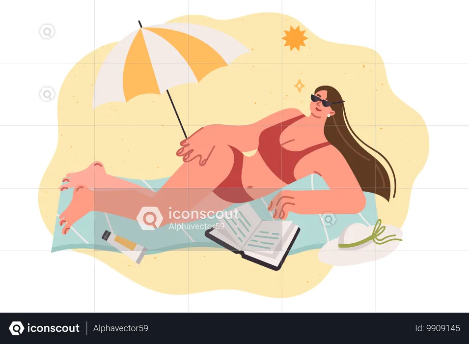 Frau im Bikini sonnt sich am Strand und liest ein Buch, während sie im sonnigen Resort liegt  Illustration