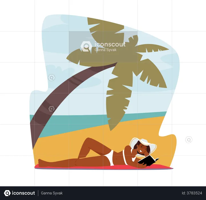 Frau im Bikini und tropischen Hut liegen am Sandstrand und lesen Buch  Illustration