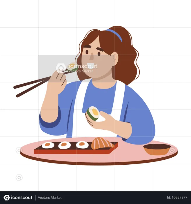 Frau isst Sushi mit Stäbchen  Illustration