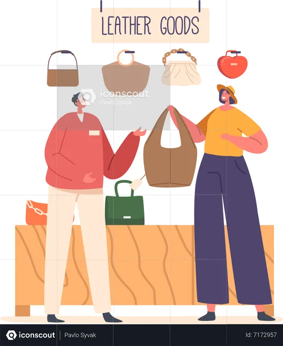 Frau kauft stilvolle Tasche im Geschäft  Illustration