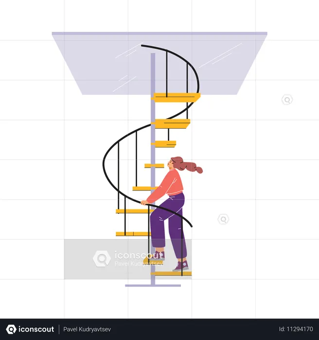 Frau klettert Wendeltreppe zur Glasdecke hinauf  Illustration