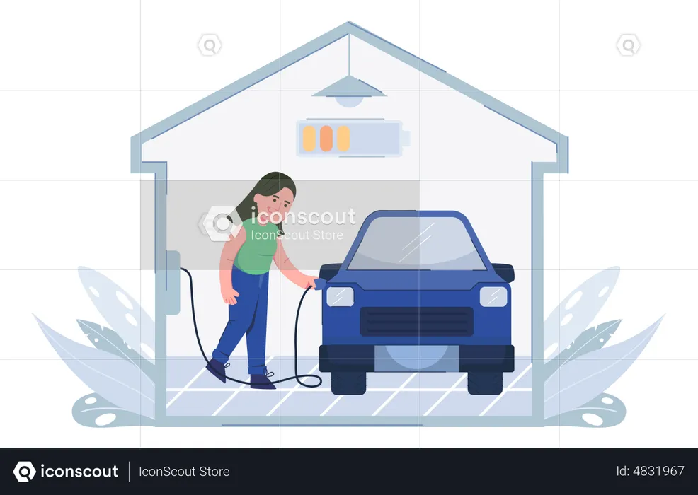 Frau lädt zu Hause ein Elektroauto auf  Illustration