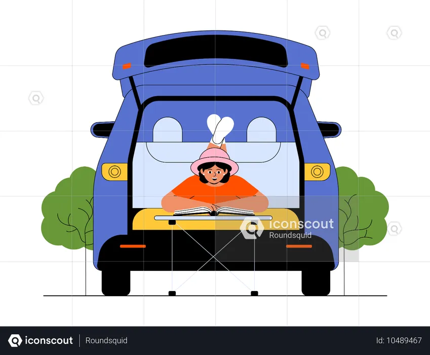 Frau liest Buch im Kofferraum eines Autos  Illustration