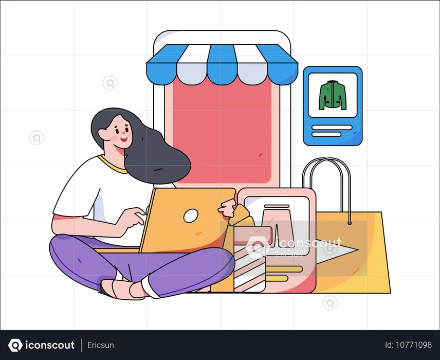 Frau macht Online-Shopping am Laptop  Illustration