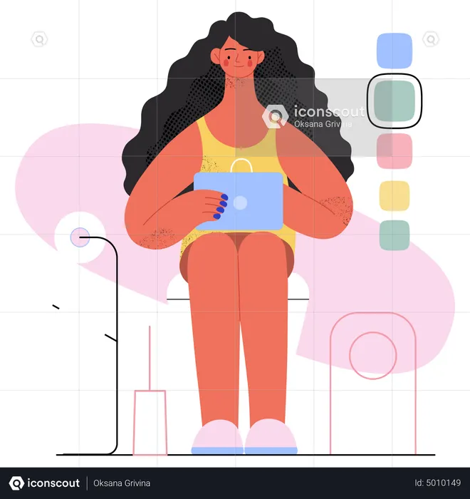 Frau macht Online-Shopping, während sie auf der Toilette sitzt  Illustration