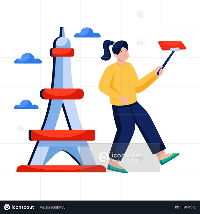 Frau macht Selfie am Eiffelturm  Illustration