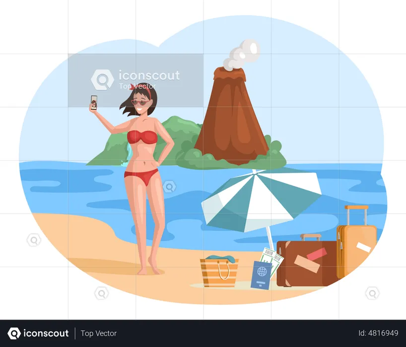 Frau macht Selfie im Badeanzug am Strand  Illustration