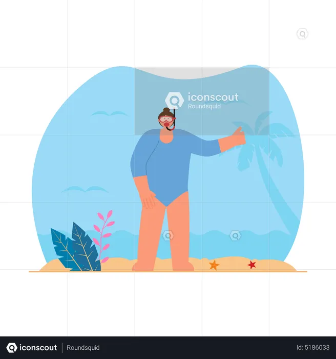 Frau geht am Strand zum Unterwassertauchen  Illustration