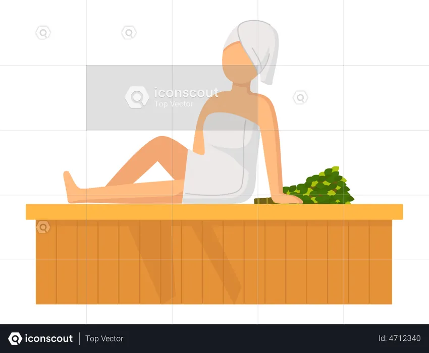 Frau mit Badetuch sitzt auf Holzbank in heißer Dampfsauna  Illustration