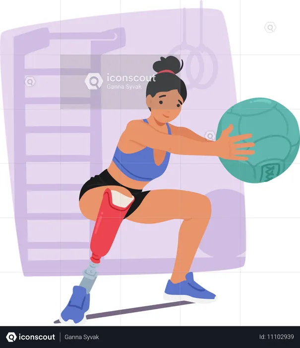 Frau mit Beinprothese nimmt aktiv an Fitnesssitzung mit Medizinball im Fitnessstudio teil  Illustration