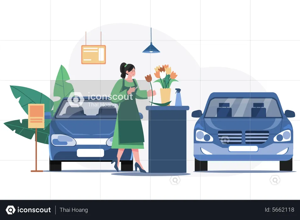 Frau mit Blumen in einem Autohaus  Illustration