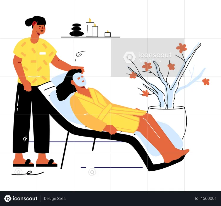 Frau mit Feuchtigkeitsmaske für das Gesicht im Bademantel  Illustration