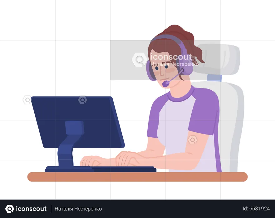 Frau mit Headset spielt am Computer  Illustration