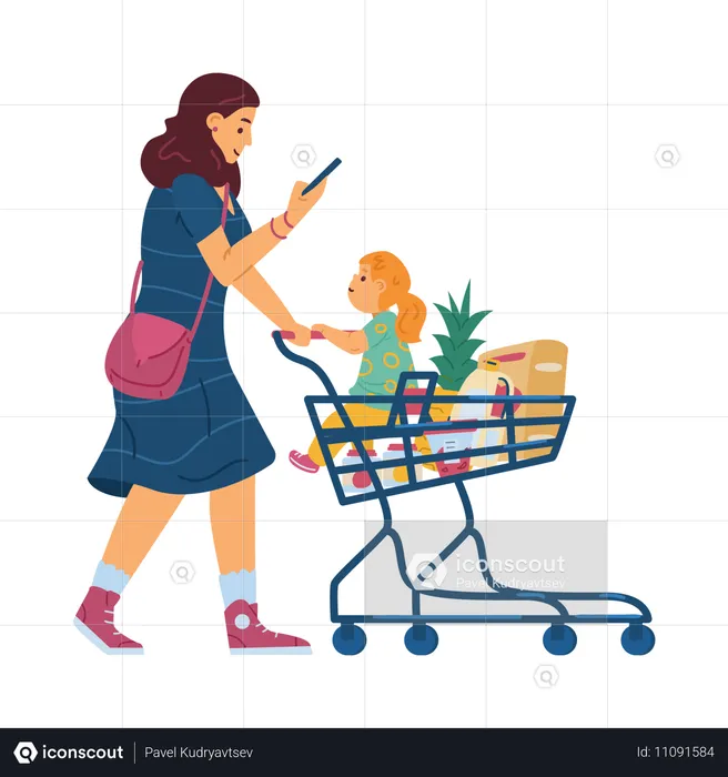 Frau mit Kind im Einkaufswagen im Supermarkt  Illustration