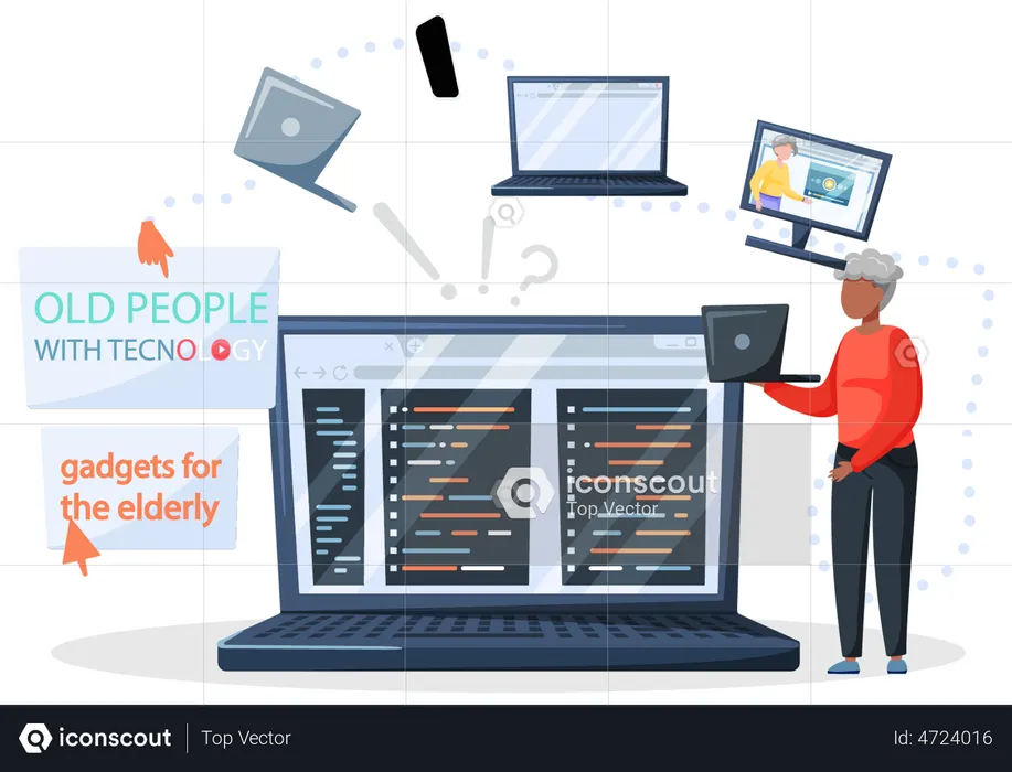 Frau mit Laptop lernt, mit dem Computer zu arbeiten und im Internet zu surfen  Illustration