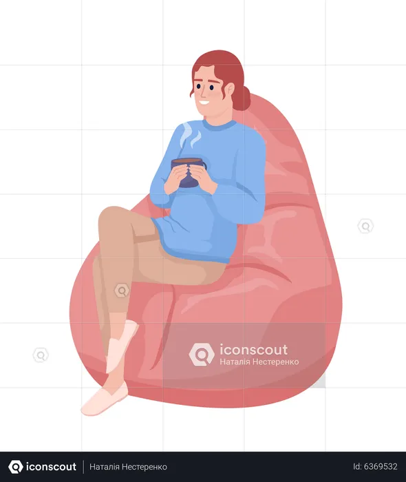 Frau mit Becher sitzt auf Sitzsack  Illustration