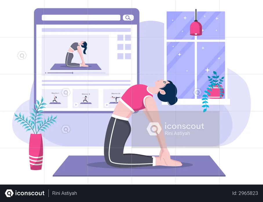 Frau erhält Online-Yoga- und Meditationsunterricht  Illustration