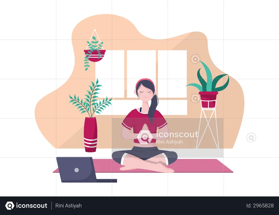 Frau nimmt an Online-Yoga- und Meditationskursen teil  Illustration