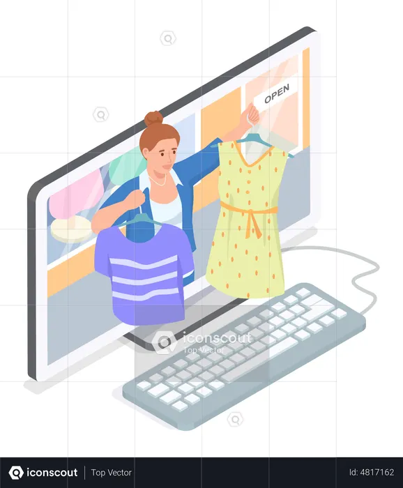 Frau nutzt Computer, um Kleid online zu verkaufen  Illustration