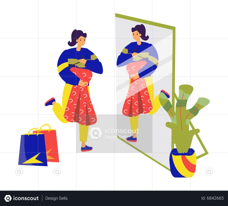 Frau schaut Kleid im Spiegel an  Illustration