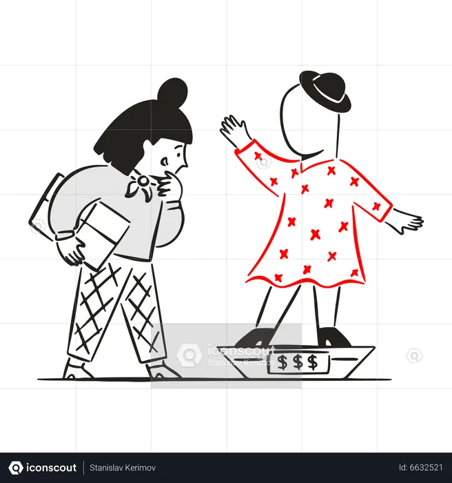 Frau betrachtet Kleiderpuppe  Illustration